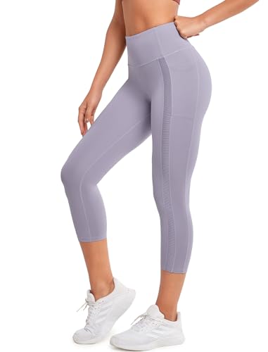 Yvette Capri-Leggings mit Taschen für Damen, Bauchkontrolle, Workout-Leggings, hohe Taille, Po, Lifting, Laufstrumpfhose, Violett, X-Groß von Yvette