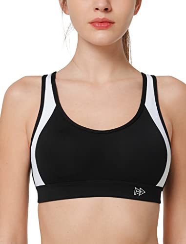 Yvette Damen Sport BH Starker Halt Große Größe Gekreuzt Rücken Gepolstert Fitness Lauf Joggen Yoga Bra,Schwarz/Weiß,100F von Yvette