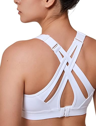 Yvette Sport-BH, hohe Belastung, verstellbar, überkreuzter Rücken, volle Unterstützung für große Brust, kein Hüpfen, Weiss/opulenter Garten, 4XL von Yvette