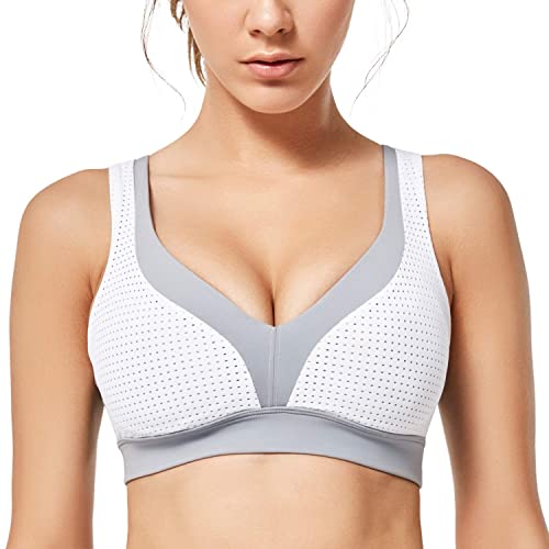 Yvette Sport BH Starker Halt Große Größe Gekreuzt Rücken Ohne Bügel Bustier für Fitness Lauf Yoga Joggen,Grau/Weiß,3XL Große Größen von Yvette