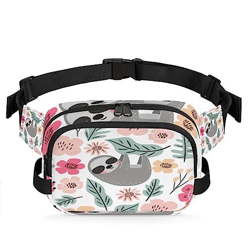 Gürteltasche mit Cartoon-Faultier-Motiv, für Damen, Herren, Blumenmuster, Blätter, modische Umhängetasche, Hüfttasche mit verstellbarem Riemen für Outdoor, Workout, Freizeit, Reisen, Laufen, Wandern, von Yzrwebo