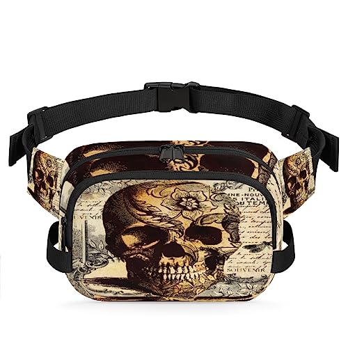 Gürteltasche mit Totenkopf-Motiv, Vintage-Stil, für Damen, Herren, alte Zeitung, Blumenmuster, modische Umhängetasche, Hüfttasche mit verstellbarem Riemen für Outdoor, Workout, Freizeit, Reisen, von Yzrwebo