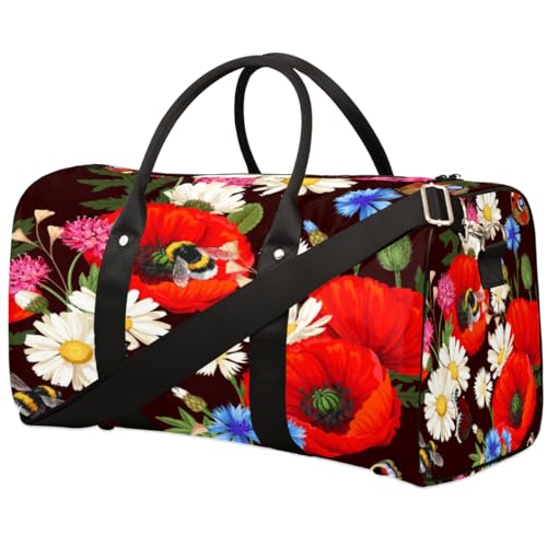 Poppy Flower Travel Duffle Bag for Men Women Daisy Honeybee Butterfly Overnight Weekender Bag Foldable Travel Duffel Bag Large Sports Gym Bag Waterproof Luggage Tote Bag Tear Resistant, Mehrfarbig, von Yzrwebo