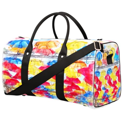 Regenbogen Regenschirm Reisetasche für Männer Frauen Aquarell Regenschirm Übernachtung Weekender Tasche Faltbare Reise Duffel Bag Große Sport Gym Bag Wasserdichte Gepäck Tragetasche Reißfest, von Yzrwebo