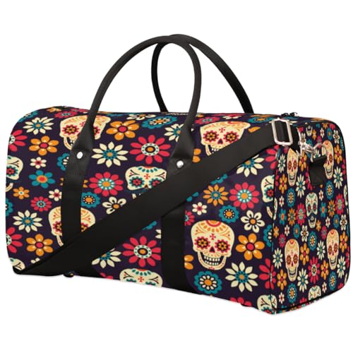 Sugar Skulls Travel Duffle Bag for Men Women Flowers Overnight Weekender Bag Foldable Travel Duffel Bag Large Sports Gym Bag Waterproof Luggage Tote Bag Tear Resistant, Mehrfarbig, 17.4 x 8.3 x 9.5 von Yzrwebo