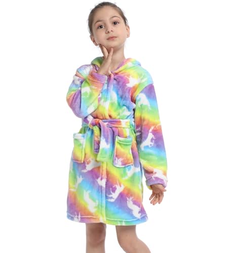 Z-YQL Mädchen Einhorn Bademantel Weiche Kapuze Robe Nachtwäsche Kleid Neuheit Kapuze Nachthemd Fleece Bequem Flanell Bunt, Helles Regenbogen-Himmel-Pfer, 8-9 Jahre von Z-YQL