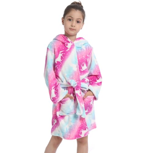 Z-YQL Mädchen Einhorn Bademantel Weiche Kapuze Robe Nachtwäsche Kleid Neuheit Kapuze Nachthemd Fleece Bequem Flanell Bunt, Regenbogen/Sterne, 8-9 Jahre von Z-YQL