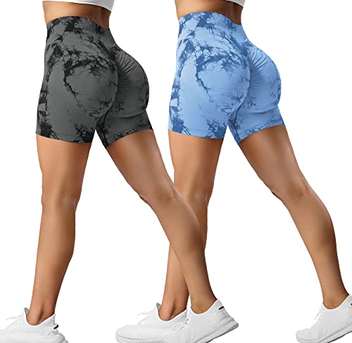 ZAAYO 2er-Pack Sport Short Damen Butt Scrunch Kurze Sporthose Laufhose Hohe Taille Kurze Hosen Butt Lift Booty Nahtlos Fitness Tie Dye Gym Shorts Black Grey-Light Blue Small von ZAAYO