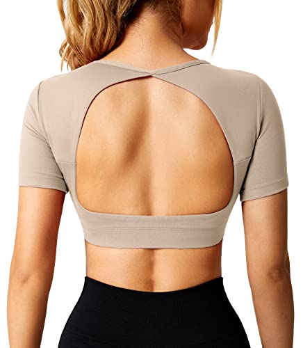 ZAAYO Sport Shirt Damen Backless Short Sleeved Halter Crop Top Highly Stretchy Fitness Stitching Shirts Reisweiß Medium von ZAAYO