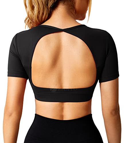ZAAYO Sport Shirt Damen Backless Short Sleeved Halter Crop Top Highly Stretchy Fitness Stitching Shirts Schwarz X-Small von ZAAYO