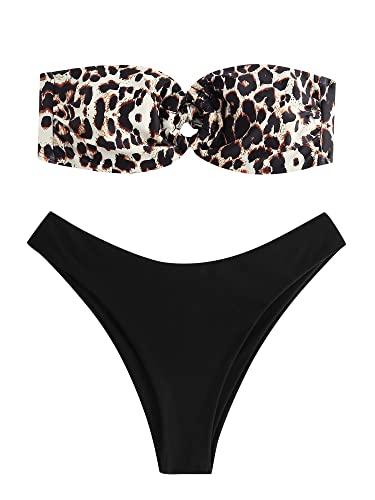 ZAFUL Damen Tie Dye Gerippter O Ring Lace Up Tie Side Bandeau Bikini Set Zweiteiliger Badeanzug Sexy Bademode, Bunt 2, S von ZAFUL