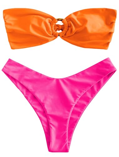 ZAFUL Damen Tie Dye Gerippter O-Ring Schnürung Seite Bandeau Bikini Set Zweiteiliger Badeanzug Sexy Bademode, Bunt 1, Medium von ZAFUL