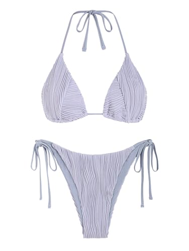 ZAFUL Neckholder-Bikini-Badeanzüge für Damen, gerippt, hoch geschnitten, zum Selbstbinden, gepolstert, Hellviolett, Größe L, Helles Violett, Large ZAFUL Neckholder-Bikini-Badeanzüge für Damen, gerippt, hoch geschnitten, zum Selbstbinden, gepolstert, Hellviolett, Größe L, Helles Violett, Large von ZAFUL
