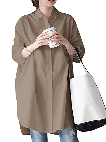 ZANZEA Bluse Damen Elegant V-Ausschnitt Langarm Tunika Oversize Lässig Leinenbluse Sommer Große Größen Hemdbluse mit Kragen Longbluse I-Khaki S von ZANZEA