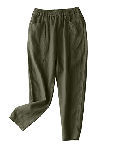 ZANZEA Culottes Hosen Damen Lose Sommer Leinenhose Große Größen Einfarbig Jogginghose Leichte Arbeitshose mit Tasche C-Armeegrün L von ZANZEA