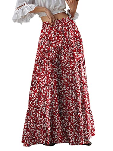 ZANZEA Damen Blumen hoher Taille Palazzo Hose mit weitem Bein Lange Einfarbig Casual Freizeithose Pants rot 3XL von ZANZEA