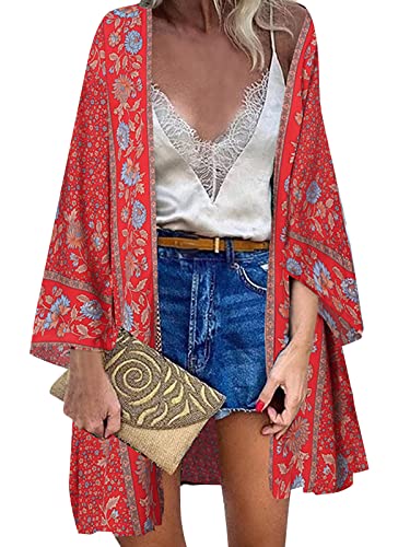 ZANZEA Damen Blumendruck Kimono Strickjacke Boho Strandkleid Pareos Poncho Sommer Strand Bikini Cover Up Blumen-Rot 3XL von ZANZEA