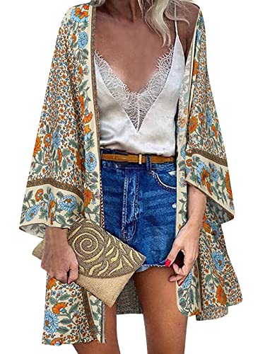 ZANZEA Damen Blumendruck Kimono Strickjacke Boho Strandkleid Pareos Poncho Sommer Strand Bikini Cover Up Blumen-Beige 4XL von ZANZEA