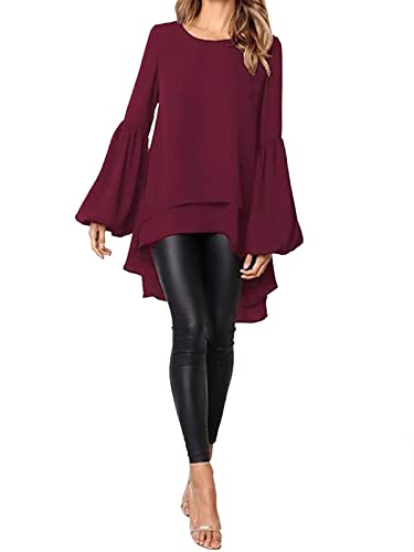 ZANZEA Damen Casual Lose Langarm Asymmetrisch Tunika Tops Rundhals Laternenärmel Hemdkleid Mode Doppelschicht Bluse M-Weinrot M von ZANZEA