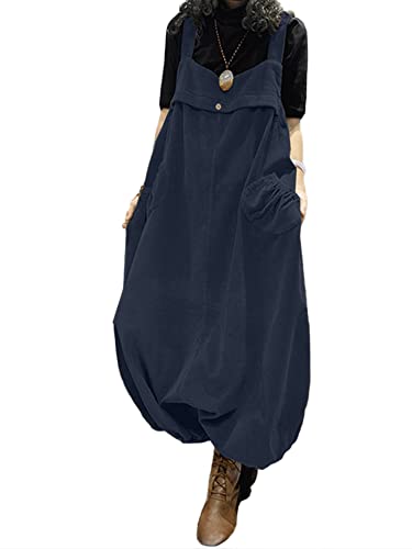 ZANZEA Damen Cord Latzhose Retro Elegant Jumpsuits Einfarbig Casual Oversize Overalls Haremshose mit Taschen A-Marineblau 4XL von ZANZEA