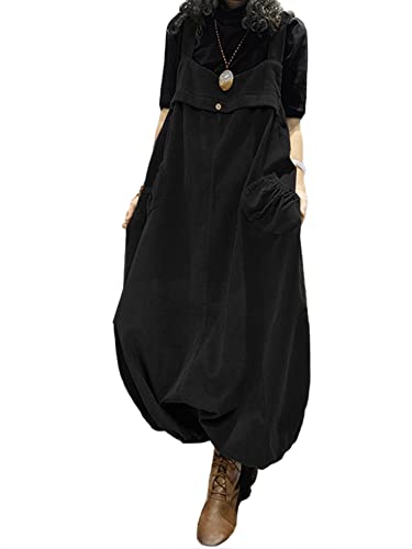 ZANZEA Damen Cord Latzhose Retro Elegant Jumpsuits Einfarbig Casual Oversize Overalls Haremshose mit Taschen A-Schwarz 3XL von ZANZEA