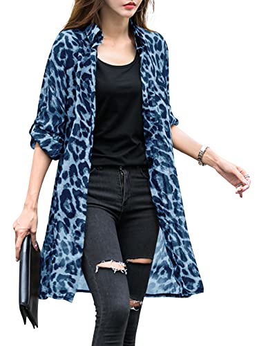 ZANZEA Damen Dünner Sommer Strickjacke Leopardenmuster Loose Bikini Cover Up Langarm Lang Strickjacke Kimono Cardigan A-Blau L von ZANZEA