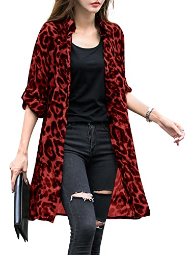 ZANZEA Damen Dünner Sommer Strickjacke Leopardenmuster Loose Bikini Cover Up Langarm Lang Strickjacke Kimono Cardigan A-Rot 5XL von ZANZEA