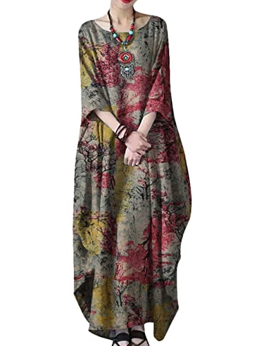 ZANZEA Damen Leinenkleider Halbe Ärmel Rundhals Druckkleid Elegant Maxikleid A-Linie Freizeitkleid Große Größen Boho Kleid Oversize Sommerkleider A-Gelb L von ZANZEA