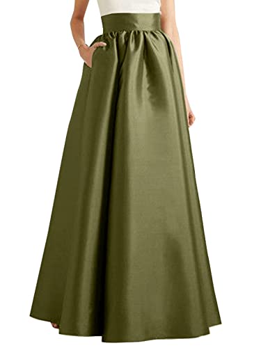 ZANZEA Damen Maxirock Swing Rock Retro Vintage Rockabilly Festliche Röck mit Tasche Satin Hoher Taille Lang Rock Cocktail Tellerrock Faltenrock 05-Armeegrün 3XL von ZANZEA