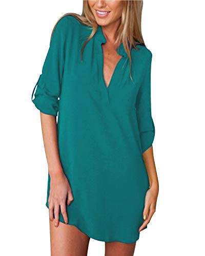 ZANZEA Bluse Damen V-Ausschnitt Langarm Elegant Hemd Chiffon Oversize Longblus Casual Tunika Oberteile Tops A-Cyan 48 EU von ZANZEA