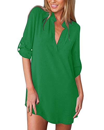 ZANZEA Bluse Damen V-Ausschnitt Langarm Elegant Hemd Chiffon Oversize Longblus Casual Tunika Oberteile Tops A-grasgrün 52 EU von ZANZEA