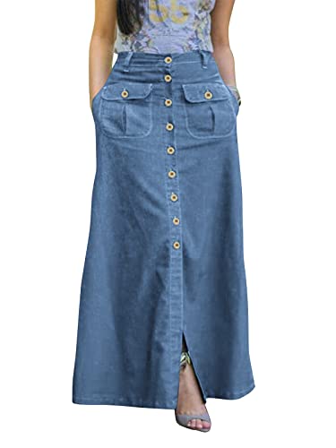 ZANZEA Jeans Rock Damen Lang Elegant Vorne Knopf A-Linie Maxirock Vintage Röcke High Waist Sommer Jean Maxirock C-Hellblau 5XL von ZANZEA