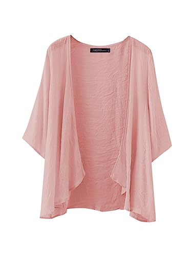 ZANZEA Kimono Damen Strand Kurz Cardigan Sommer Boho 3/4 Arm Strickjacke Strand Cover Up Große Größen Strandponcho Oversize Cardigan B-Rosa XL von ZANZEA