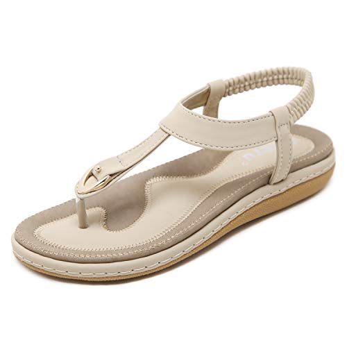 Damen Sandalen Schuhe Knöchelriemen Roman Geflochtene T-Strap Gladiator Sandalen Flats Thong Sandalen Sommer Schuhe Strand Flip Flop Hausschuhe Beige 42 von ZAPZEAL