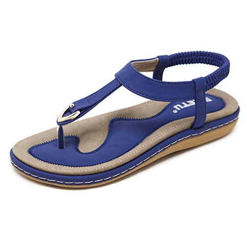 Damen Sandalen Sommer Flip Flops Böhmische Stil Strass Roman Runde Kopf Knöchelriemen Geflochtene T-Strap Thong Strand Hausschuhe Blau 42 von ZAPZEAL