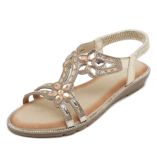 ZAPZEAL Damen Sandalen Mit Rutschfestem Boden Und Kristall Dekoration Für Sommerpartys, Outdoor-Aktivitäten, Hochzeiten, Partys Und Mehr Flache Wanderschuhe (A-golden,40) von ZAPZEAL