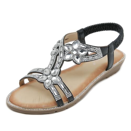 ZAPZEAL Damen Sandalen Mit Rutschfestem Boden Und Kristall Dekoration Für Sommerpartys, Outdoor-Aktivitäten, Hochzeiten, Partys Und Mehr Flache Wanderschuhe (A-schwarz,36) von ZAPZEAL