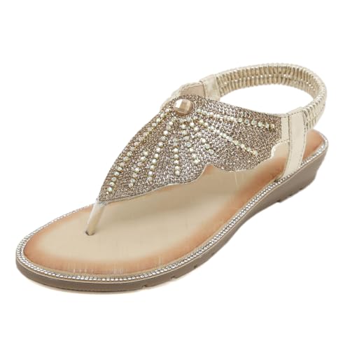 ZAPZEAL Damen Sandalen Mit Rutschfestem Boden Und Kristall Dekoration Für Sommerpartys, Outdoor-Aktivitäten, Hochzeiten, Partys Und Mehr Flache Wanderschuhe (C-golden,41) von ZAPZEAL