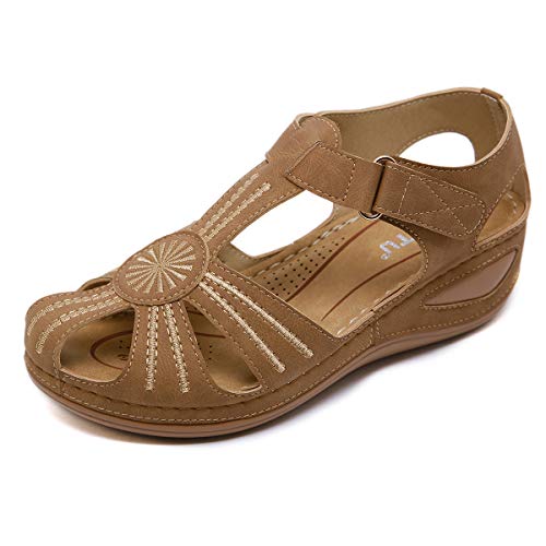 ZAPZEAL Damen Sandals Frauen Sandalen Sommer Bohemian Strass Flach Sandaletten PU Leder Zeh Thong Strand Hausschuhe,Braun 40 EU von ZAPZEAL