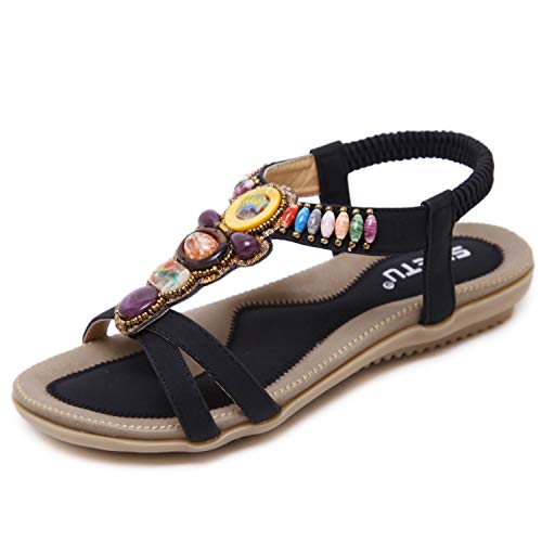 ZAPZEAL Damen Sommer Bohemia Flach Sandalen Frauen Boho Strass Flache Sommer Sandalen,Schwarz 42 EU von ZAPZEAL