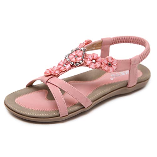 ZAPZEAL Damen Sommer PU Leder Bohemia Flach Sandalen Frauen Boho Strass Flache Sommer Sandalen,Pink 39 EU von ZAPZEAL