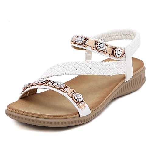 ZAPZEAL Sommersandalen für Damen mit offenem Zeh im Slip-On-Stil, elegante geflochtene Wanderschuhe, Weiss Größe EU 38 von ZAPZEAL