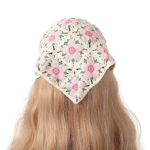 ZAZUZU Beige Sonnenblumen-Haarband, handgefertigt, gehäkelt, Haarbandana, Haarschal, Dreiecks-Stirnbänder, Häkel-Haarband, Kopftuch für Frauen und Mädchen von ZAZUZU