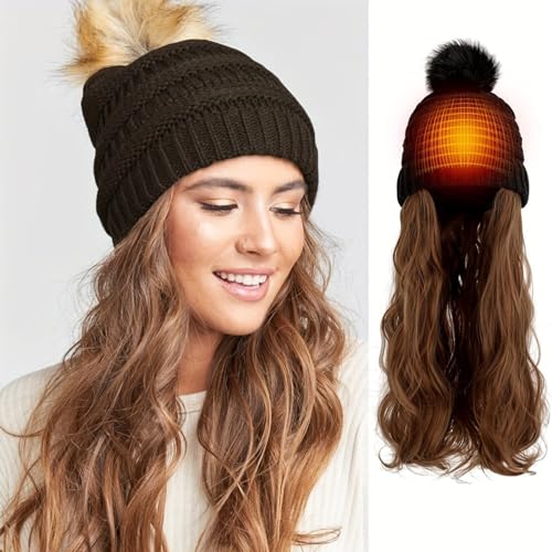 Beanie-Hut-Perücke für Frauen, lange, gewellte Haarverlängerungen, Hut befestigt, 50,8 cm, lockiges synthetisches Haarteil für den Winter(Light Brown) von ZBYXPP