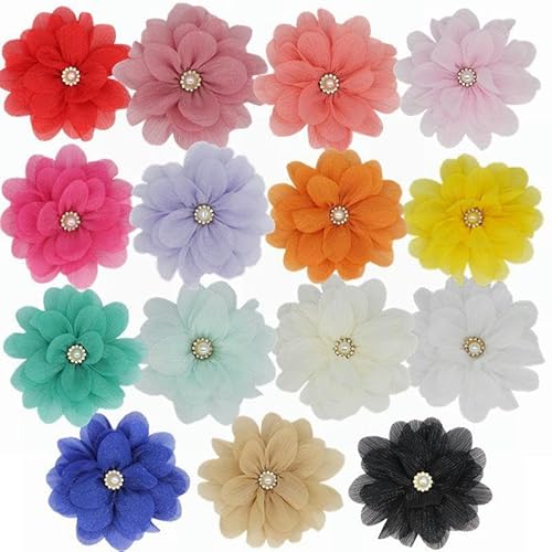 ZCHNB 8 * 11 cm 10/20 Stück Perlen-Silber-Seiden-Chiffon-Stoff-Blumen-Anstecknadel Abzeichen Blumen-Corsage Satin-Blumen-Anstecknadel Brosche Anstecknadel für Frauen Braut von ZCHNB