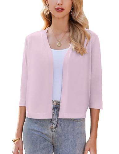 ZEAGOO Damen Solid Bolero 3/4 Ärmel Elegant Bolerojacke Festlich Kurze Strickjacke Lässige Cardigan Open Front Bolero Rosa S von ZEAGOO