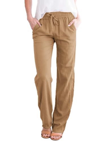 ZEAGOO Hosen Damen Baumwolle Freizeithose Yogahose Weites Bein Kordelzug Lose Breites Bein Pants Strandhose mit Taschen Camel S von ZEAGOO