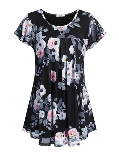 ZEAGOO Oberteile Damen Elegant Blusen Falten Kurzarm Tunika Sommer Damenbluse Shirt Rundhals Blusentops Doppellagig Longshirt Blumen Lässiger Blusenshirt PAT2 L von ZEAGOO