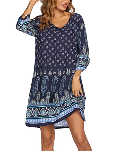 ZEAGOO Strandtunika Sommer Kleid 3/4-Arm Casual Kleider Bohemian Sommerkleider Floral Party Kleid Tunikakleider Navy Blau XL von ZEAGOO