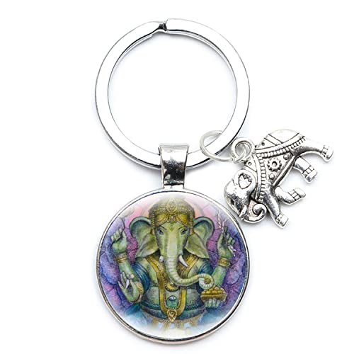 Ganesha Buddha Elefant Schlüsselanhänger Runde Glasoberfläche Kunst Muster Liebhaber Sammlung Charm Schlüsselanhänger Halter Ringe Autotasche Schmuck, weiß, L von ZEIA3